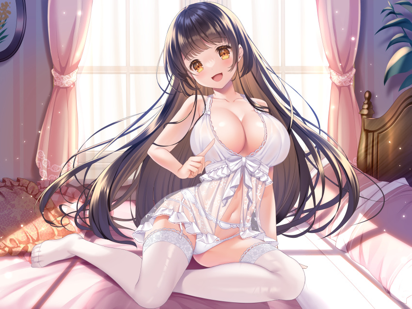 1girl :d absurdres babydoll bangs bed bed_sheet black_hair blush breasts brown_eyes cleavage collarbone curtains cushion eyebrows_visible_through_hair feet garter_belt highres index_finger_raised koyama_sao large_breasts lingerie long_hair looking_at_viewer navel non-web_source on_bed open_mouth original panties pillow see-through sitting smile solo thighhighs toes underwear very_long_hair white_babydoll white_legwear white_panties window