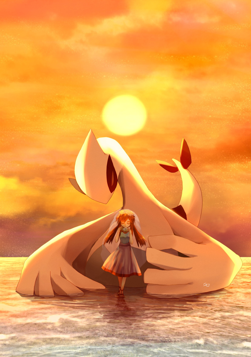 1girl absurdres backlighting bangs breasts brown_footwear brown_hair closed_eyes closed_mouth cloud commentary_request flower flower_wreath full_body green_shirt hands_up highres holding holding_instrument instrument long_hair lugia melody_(pokemon) music ocarina on_water orange_background orange_sky orange_theme outdoors playing_instrument pokemon pokemon_(anime) pokemon_(classic_anime) pokemon_(creature) pokemon_the_movie_2000:_the_power_of_one ribero sandals see-through shiny shiny_hair shirt sidelocks skirt sky small_breasts standing straight-on sun sunset twintails u_u veil water white_skirt yellow_flower
