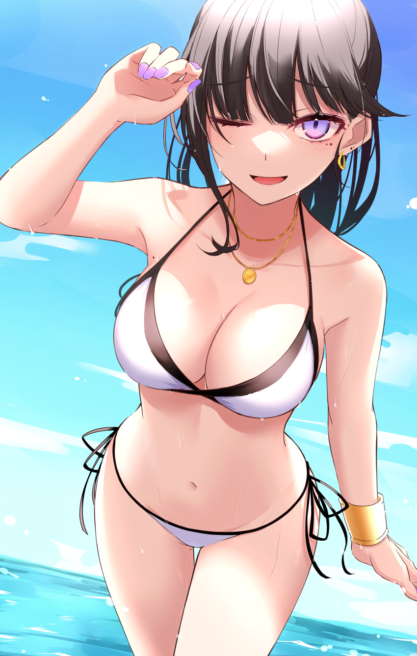 1girl ;d absurdres arm_up armpits bare_arms bare_shoulders bikini black_hair bracelet breasts cleavage cowboy_shot earrings halterneck highres ichiki_1 jewelry kanojo-chan_(ichiki_1) large_breasts long_hair looking_at_viewer mole mole_on_breast mole_on_thigh mole_under_eye nail_polish navel necklace one_eye_closed open_mouth original purple_eyes purple_nails side-tie_bikini smile solo stomach string_bikini swimsuit thigh_gap thighs wet white_bikini