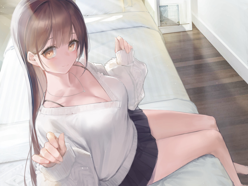 1girl absurdres bangs black_skirt blush book breasts brown_eyes brown_hair cleavage closed_mouth collarbone couch highres jewelry legs_together light_smile long_hair long_sleeves looking_at_viewer medium_breasts necklace non-web_source original pleated_skirt shirt sitting skirt solo sweater white_shirt wooden_floor yakushi9kv