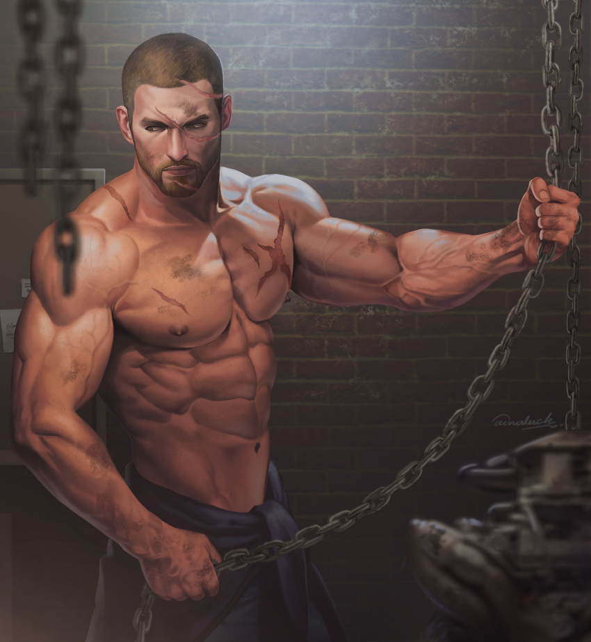 1boy abs absurdres aenaluck alternate_hairstyle audec_(aenaluck) bara beard black_pants black_shirt chain closed_mouth clothes_around_waist cross_scar dirty dirty_face facial_hair highres holding holding_chain large_pectorals looking_away male_focus muscular muscular_male navel nipples original pants pectorals scar scar_on_chest scar_on_face shirt shirt_around_waist shirt_removed short_hair solo topless_male very_short_hair