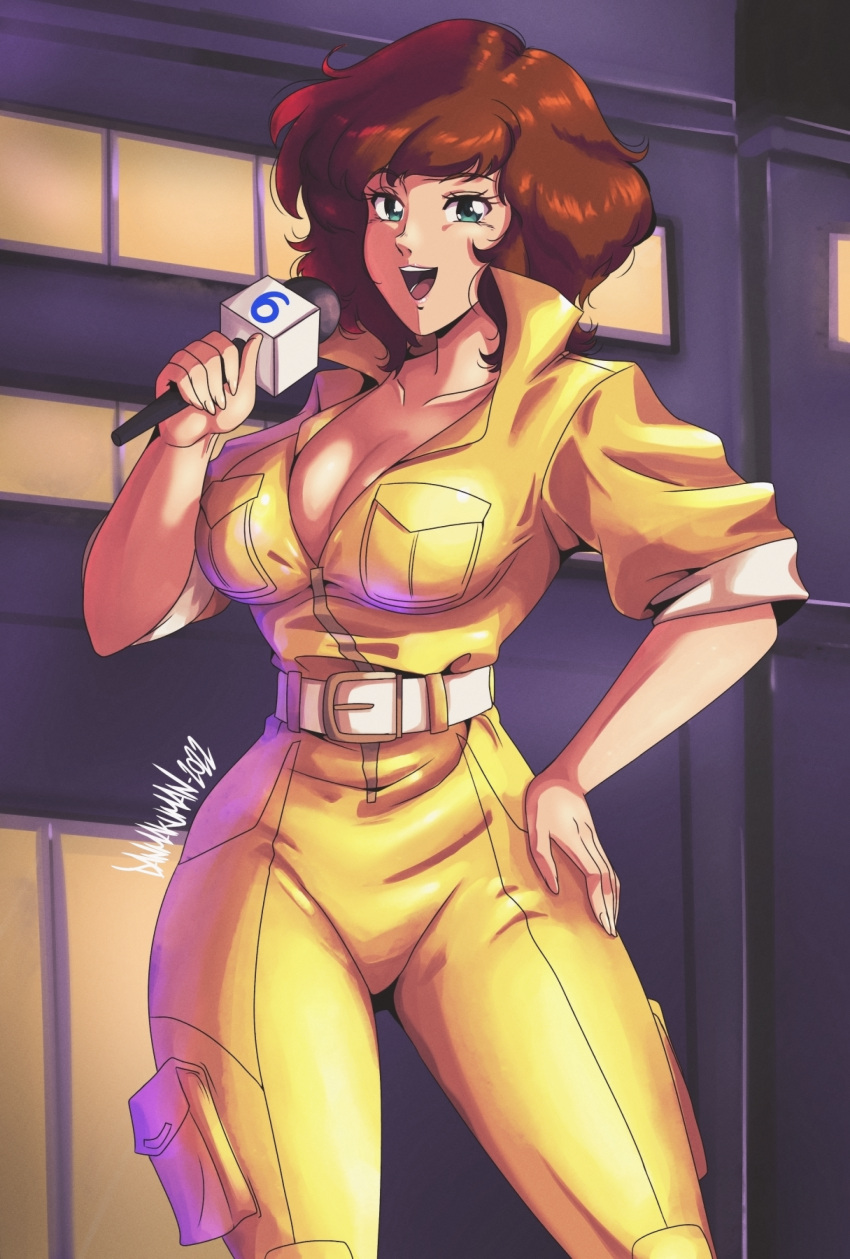 1980s_(style) 1girl absurdres april_o'neil aqua_eyes artist_name bangs belt breast_pocket breasts brown_hair cleavage collarbone commentary danmakuman fingernails hand_on_hip hand_up highres holding holding_microphone jumpsuit large_breasts looking_at_viewer microphone open_mouth pocket retro_artstyle shiny shiny_hair short_hair short_sleeves signature simple_background skin_tight smile teenage_mutant_ninja_turtles yellow_jumpsuit