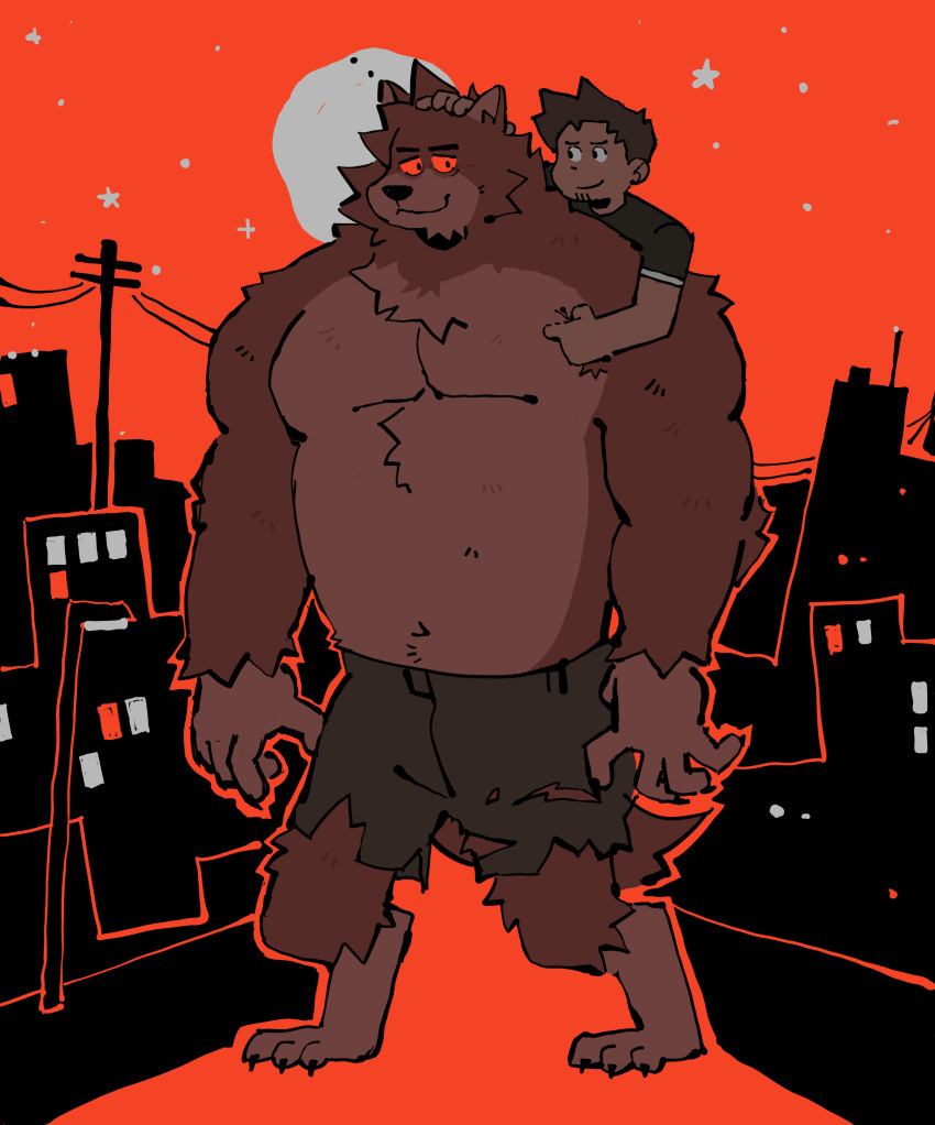 absurd_res anthro bottomwear brown_body brown_fur canid canine canis city city_background clothing digitigrade duo fur hi_res human male mammal moon muscular pants red_body red_eyes red_fur scruffy smug soildweller torn_bottomwear torn_clothing torn_pants were werecanid werecanine werewolf wolf