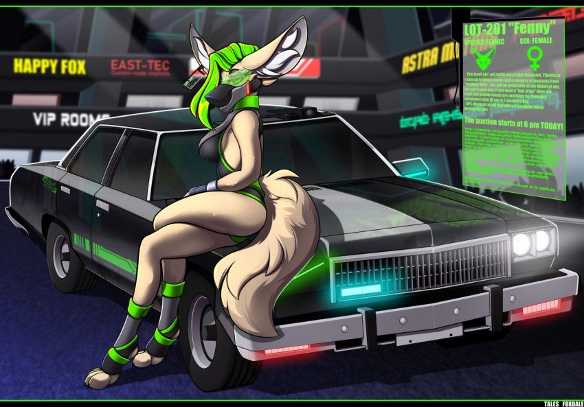 2022 4_toes anthro auction black_nose breasts butt canid canine car clothed clothing cyberpunk ear_tag english_text feet female female_symbol fennec fenny_(fanrunner) fox fur gender_symbol green_hair hair hindpaw inner_ear_fluff leotard looking_at_viewer mammal muzzle_(object) muzzled paws solo symbol tales_foxdale tan_body tan_fur text toes tuft vehicle visor