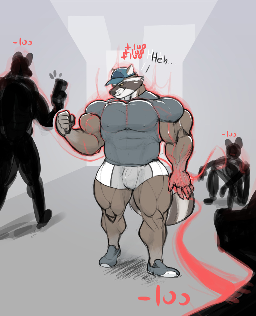 absurd_res anthro attribute_theft baseball_cap big_muscles bottomwear bulge clothing evil_grin group growth hat headgear headwear hi_res huge_muscles kajy male mammal muscle_growth muscular muscular_male nipple_outline pecs procyonid raccoon shirt shorts size_theft smile thick_thighs topwear