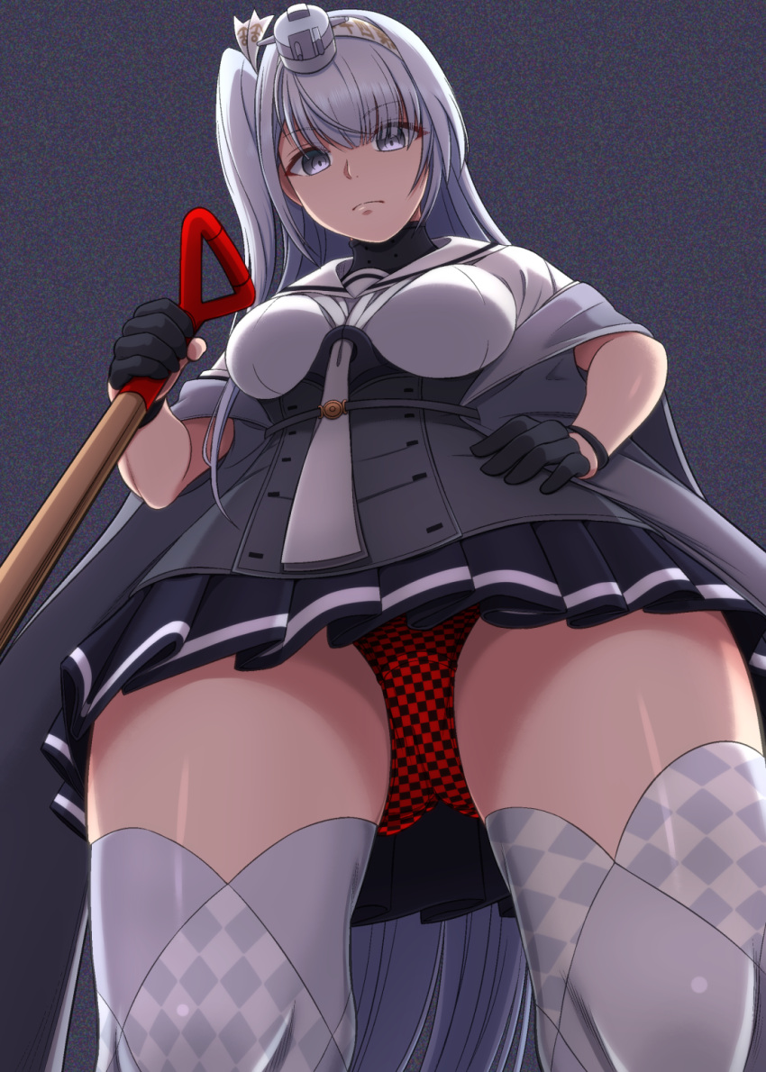 1girl black_gloves black_skirt breasts from_below fuyutsuki_(kancolle) gloves grey_eyes grey_hair grey_neckerchief grey_shawl hachimaki half_gloves headband highres holding holding_shovel jougenmushi kantai_collection long_hair medium_breasts microskirt neckerchief one_side_up panties pleated_skirt red_panties sailor_collar school_uniform serafuku shawl shovel silver_legwear skirt solo thighhighs underwear white_headband