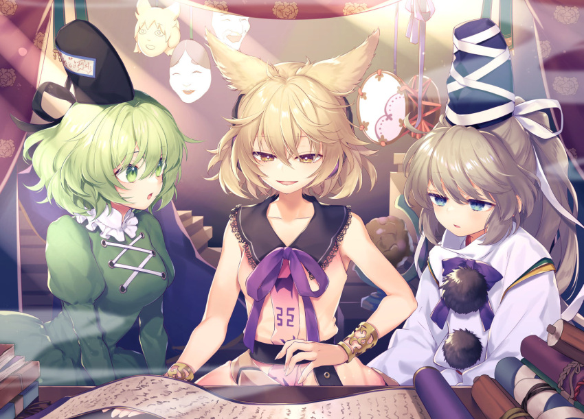 3girls :o black_sailor_collar blue_eyes breasts brown_eyes collarbone commentary_request cross-laced_clothes curtains drum earmuffs gold_bracelet green_eyes green_hair grey_hair hair_between_eyes hat instrument japanese_clothes juliet_sleeves kariginu light_brown_hair long_sleeves mononobe_no_futo multiple_girls new_mask_of_hope open_mouth pointy_hair ponytail puffy_sleeves purple_ribbon ribbon sailor_collar shirt short_hair sleeveless sleeveless_shirt small_breasts soga_no_tojiko tate_eboshi tomobe_kinuko touhou toyosatomimi_no_miko