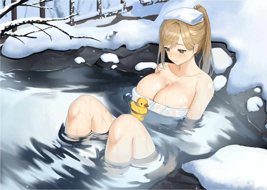 1girl animated animated_gif bangs blush branch breasts brown_hair bust_cup cleavage closed_mouth collarbone commentary copyright_request day english_commentary eyebrows_behind_hair highres huge_breasts knees_up long_hair mole naked_towel onsen outdoors partially_submerged ponytail rubber_duck siha single_sidelock sitting smile snow snowing solo swept_bangs towel towel_on_head water wet yellow_eyes