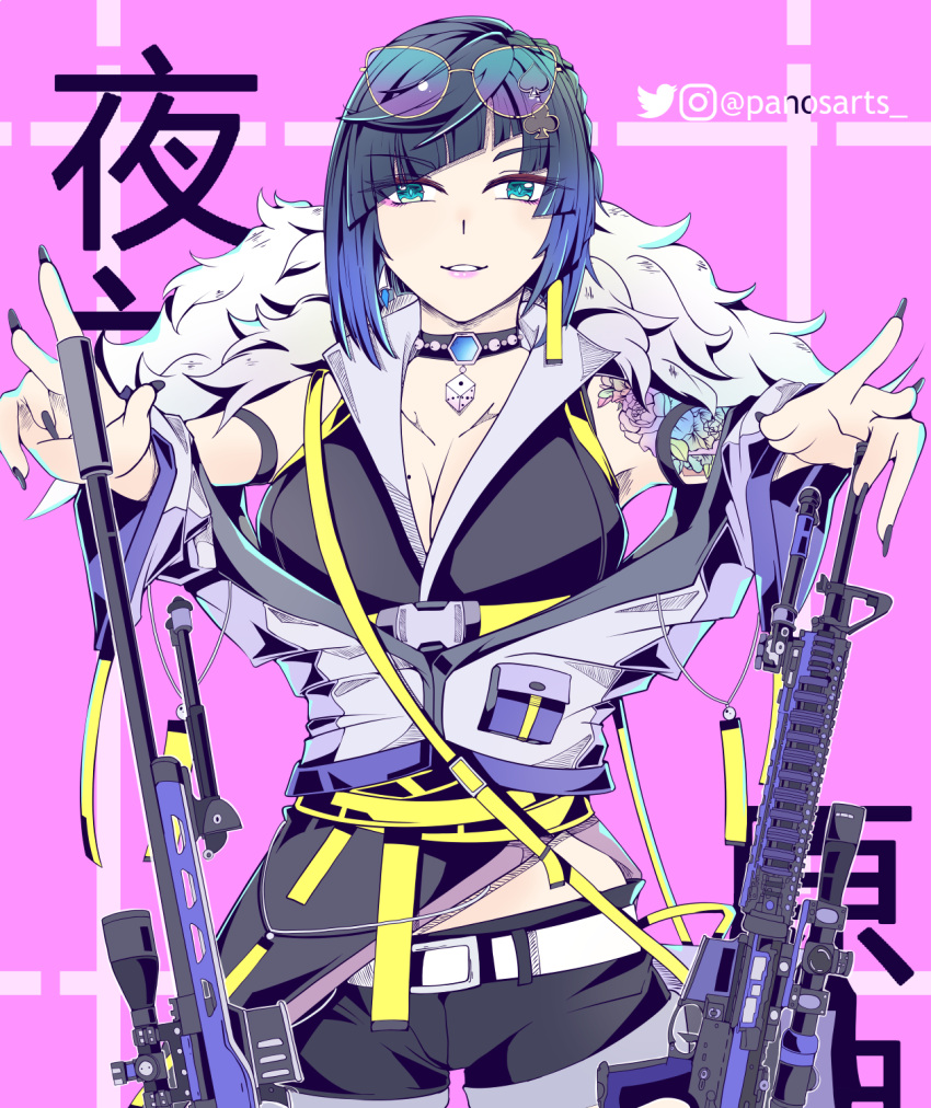 1girl armpits assault_rifle bangs belt blue_hair breasts eyebrows_behind_hair eyebrows_visible_through_hair eyewear_on_head genshin_impact green_eyes gun highres holding holding_weapon jacket jewelry looking_at_viewer nail_polish necklace open_arms open_clothes open_mouth panos_(ssgpanos) reaching_out rifle shirt short_hair shorts sleeveless sleeveless_shirt smile sniper_rifle solo sunglasses tattoo weapon yelan_(genshin_impact)