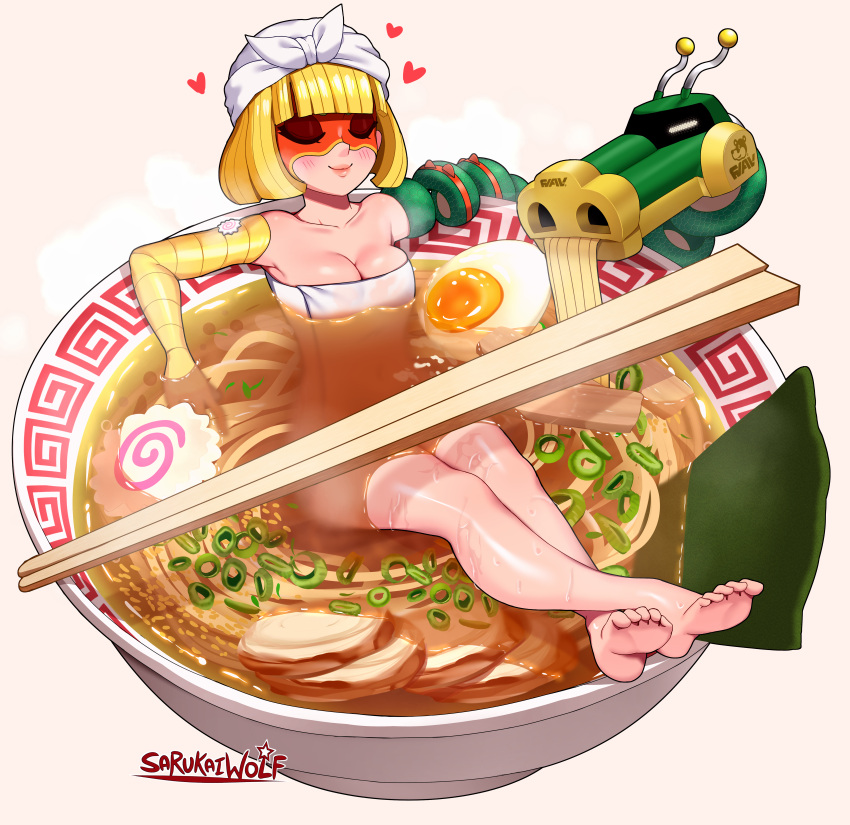 1girl absurdres arms_(game) bathing bowl breasts cleavage closed_eyes crossed_legs domino_mask dragon_(arms) feet food highres mask min_min_(arms) naked_towel noodles ramen sarukaiwolf short_hair simple_background solo toes towel towel_on_head