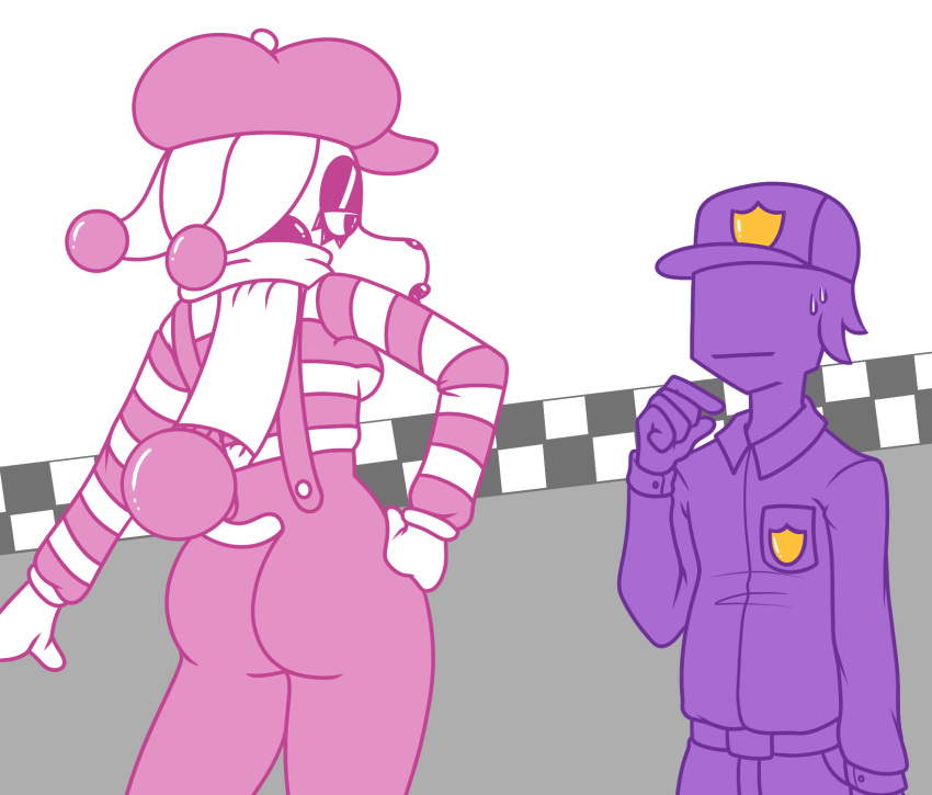 animatronic anonymous anthro blush canid canine clothing dominant dominant_female duo female five_nights_at_freddy's five_nights_at_freddy's_2 fox hi_res human machine male male/female mammal mangle_(fnaf) mike_schmidt_(fnaf) mime mime_and_dash parody pattern_clothing pattern_shirt pattern_topwear purple_body purple_skin restricted_palette robot scarf scottgames shirt snaxattacks striped_clothing striped_shirt striped_topwear stripes suspenders topwear video_games