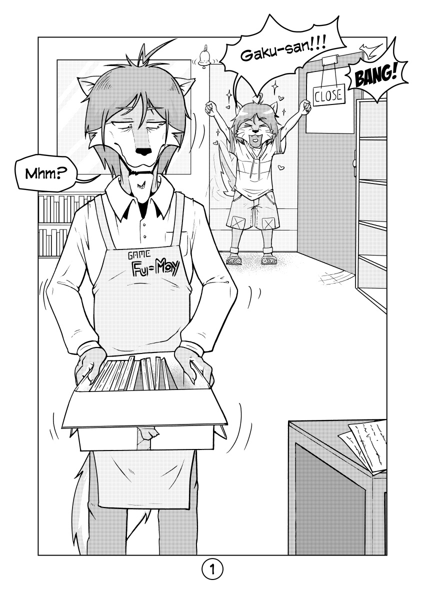 absurd_res anthro canid canine canis clothed clothing comic english_text gaku_kodori greyscale harzu hi_res male male/male mammal monochrome morenatsu shirt shun_(morenatsu) text topwear video_games visual_novel wolf