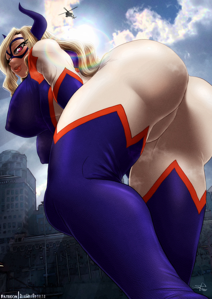 absurdres ass blonde_hair bluewolfartista bodysuit boku_no_hero_academia breasts highres large_breasts mount_lady thick_thighs thighs tight