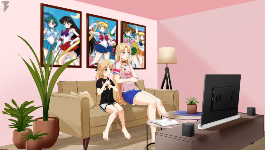 2girls azur_lane barefoot bishoujo_senshi_sailor_moon bishoujo_senshi_sailor_moon_crystal blonde_hair choker commission couch highres lamp living_room luna_(sailor_moon) mother_and_daughter multiple_girls plant pose potted_plant sailor_jupiter sailor_mars sailor_mercury sailor_moon sailor_senshi_uniform sailor_venus second-party_source television toy_bits tsuki_ni_kawatte_oshioki_yo vanguard_(azur_lane) watching_television