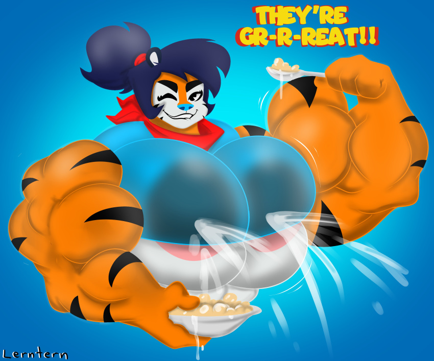 2022 absurd_res anthro big_breasts big_muscles bite biting_lip biting_own_lip bodily_fluids breasts clothing crossgender felid female frosted_flakes hi_res huge_breasts huge_muscles hyper hyper_breasts hyper_muscles kellogg's lactating lactating_through_clothing lerntern looking_at_viewer mammal mascot muscular muscular_female one_eye_closed pantherine self_bite simple_background solo tiger tony_the_tiger wet wet_clothing wink winking_at_viewer