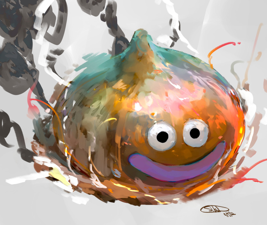 2022 ambiguous_gender black_eyes colored dated digital_media_(artwork) digital_painting_(artwork) dragon_quest elemental_manipulation feral fire fire_manipulation glistening glistening_body goo_creature grey_background hi_res legless lineless not_furry orange_body orange_slime red_slime round_body shaded signature simple_background slime_(dragon_quest) smile smoke solo solo_focus square_enix sukep video_games