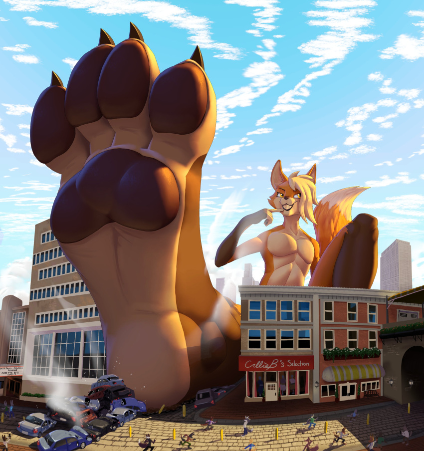 4_toes absurd_res anthro big_feet blockman3_(artist) brown_pawpads building canid canine city cloud destruction feet foot_focus fox fur girly hair hi_res logan_grey macro male mammal micro pawpads paws sky soles solo toes white_hair