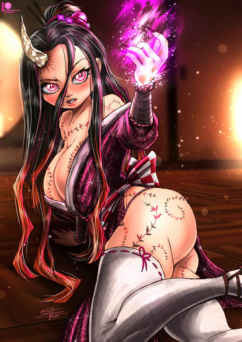 absurdres bluewolfartista breasts demon_girl demon_horns highres horns japanese_clothes kamado_nezuko kimetsu_no_yaiba kimono large_breasts multicolored_hair pink_eyes pink_kimono pink_ribbon ribbon tattoo thick_thighs thighs