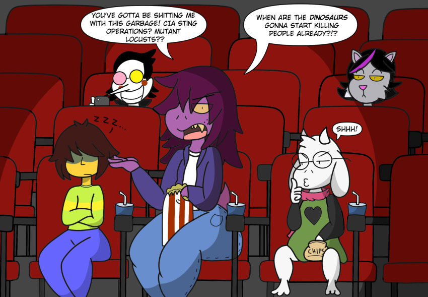 anthro beverage bovid caprine catti_(deltarune) cellphone chips_(food) deltarune dinosaur domestic_cat eyewear felid feline felis female food glasses goat group hashidoodle human humor jurassic_park jurassic_world:_dominion kris_(deltarune) male mammal movie_theater phone popcorn popcorn_bag profanity ralsei reptile scalie shush sitting sleeping smartphone spamton_g._spamton speech_bubble susie_(deltarune) text undertale_(series) universal_studios video_games watching_movie yellow_eyes yellow_teeth