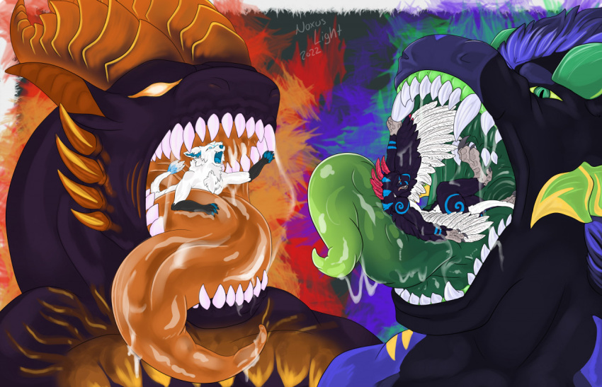 anthro aohren bodily_fluids canid canine ceirus darastrix_(ihavexboxlive) dimitri_(blackmist333) dinosaur dragon duo forced fur furred_dragon horn invalid_tag long_tongue male male/male mammal noxuslight_arts oral_vore reptile saliva scalie sharp_teeth size_difference teeth tongue unwilling_prey unwilling_vore vore