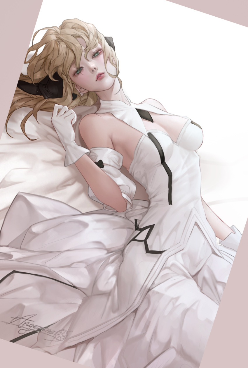 1girl artoria_pendragon_(fate) bare_shoulders blonde_hair breasts cowboy_shot detached_collar dress fate/unlimited_codes fate_(series) gloves green_eyes highres lips lying medium_breasts navel on_back parted_lips pubic_tattoo saber_lily signature solo tangerine_(dudu) tattoo white_dress white_gloves