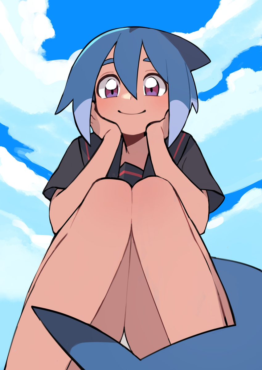 1girl absurdres azuumori bare_legs black_gloves black_sailor_collar blue_hair blue_sky cloud cloudy_sky feet_out_of_frame fish_tail gloves hair_between_eyes highres looking_at_viewer original purple_eyes sailor_collar shark_fin shark_girl shark_girl_(azuumori) shark_tail short_sleeves sky smile solo squatting tail