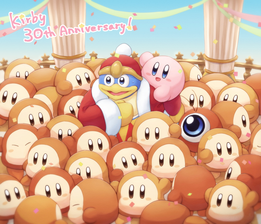 anniversary blue_skin blush closed_eyes coat colored_skin column confetti day gloves happy hat highres king_dedede kirby kirby's_dream_land kirby_(series) looking_to_the_side open_mouth pillar sky sweat sweatdrop text_focus tongue tr_gohan waddle_dee waddle_doo