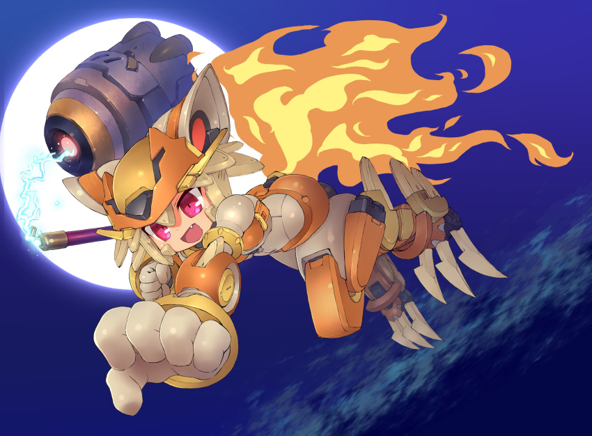 1girl :d absurdres bangs blonde_hair cloud commentary_request commission fang fiery_tail full_body full_moon highres holding holding_staff mecha_musume mechanization moon moonlight_flower open_mouth ragnarok_online reaching_out red_eyes sankuma second-party_source short_hair skeb_commission smile solo staff tail