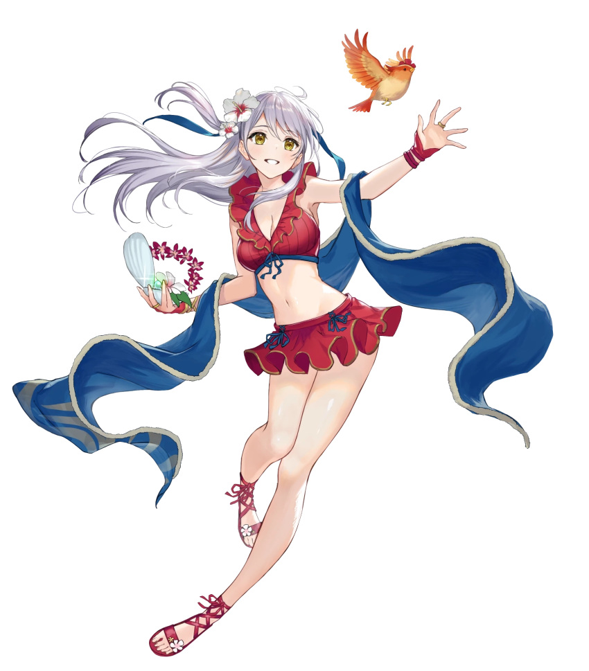 1girl animal bangs bare_shoulders bikini bikini_skirt bird blush bow bowtie bracelet breasts clam_shell cleavage fire_emblem fire_emblem:_radiant_dawn fire_emblem_heroes flower flying frilled_bikini frills full_body gem gold_trim hair_flower hair_ornament hand_up haru_(hiyori-kohal) hibiscus highres holding jewelry long_hair looking_away medium_breasts micaiah_(fire_emblem) navel non-web_source official_art parted_lips pearl_(gemstone) sandals shiny shiny_hair shiny_skin skirt smile sparkle swimsuit thighs toeless_footwear toes transparent_background white_hair yellow_eyes yune_(fire_emblem)