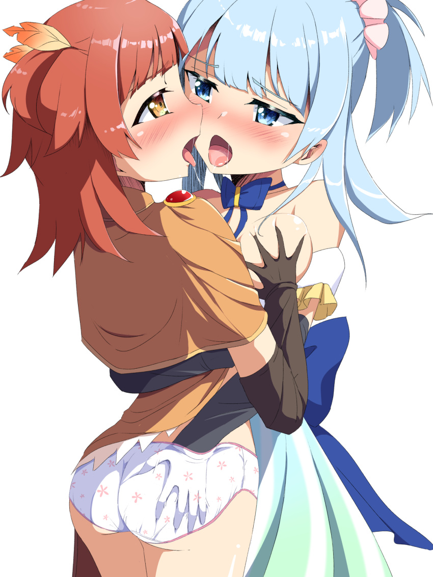 2girls after_kiss akino_kaede ass_grab bangs black_gloves blue_dress blue_eyes blue_hair blue_ribbon blunt_bangs blush breast_grab brown_capelet capelet dress earrings elbow_gloves eye_contact face-to-face feather_hair_ornament feathers floral_print frilled_dress frills gloves grabbing hair_ornament hair_scrunchie hand_in_panties hand_under_clothes highres jewelry kuu_nekoneko looking_at_another magia_record:_mahou_shoujo_madoka_magica_gaiden magical_girl mahou_shoujo_madoka_magica medium_hair minami_rena multiple_girls neck_ribbon off-shoulder_dress off_shoulder open_mouth orange_eyes panties pink_scrunchie red_hair red_ribbon ribbon saliva saliva_trail scrunchie short_hair short_twintails striped striped_dress tongue tongue_out twintails two_side_up underwear vertical-striped_dress vertical_stripes yuri