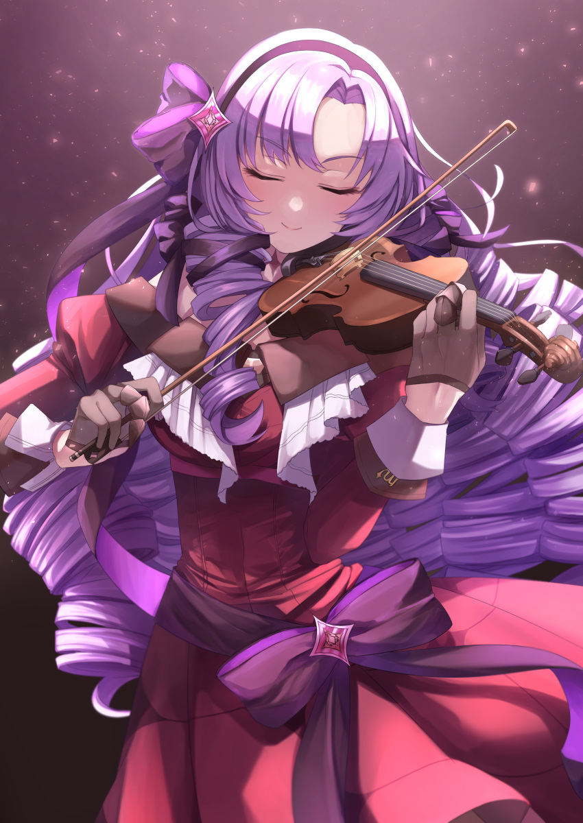 1girl absurdres bangs black_background black_headband blush breasts brown_gloves claw_ring closed_eyes commentary cowboy_shot dress drill_hair gloves hair_ribbon headband highres hyakumantenbara_salome instrument jewelry light_purple_hair long_hair medium_breasts multiple_rings music nijisanji parted_bangs playing_instrument purple_ribbon red_dress ribbon ring scorpio sidelocks simple_background smile solo very_long_hair violin virtual_youtuber yuzuno_citrus