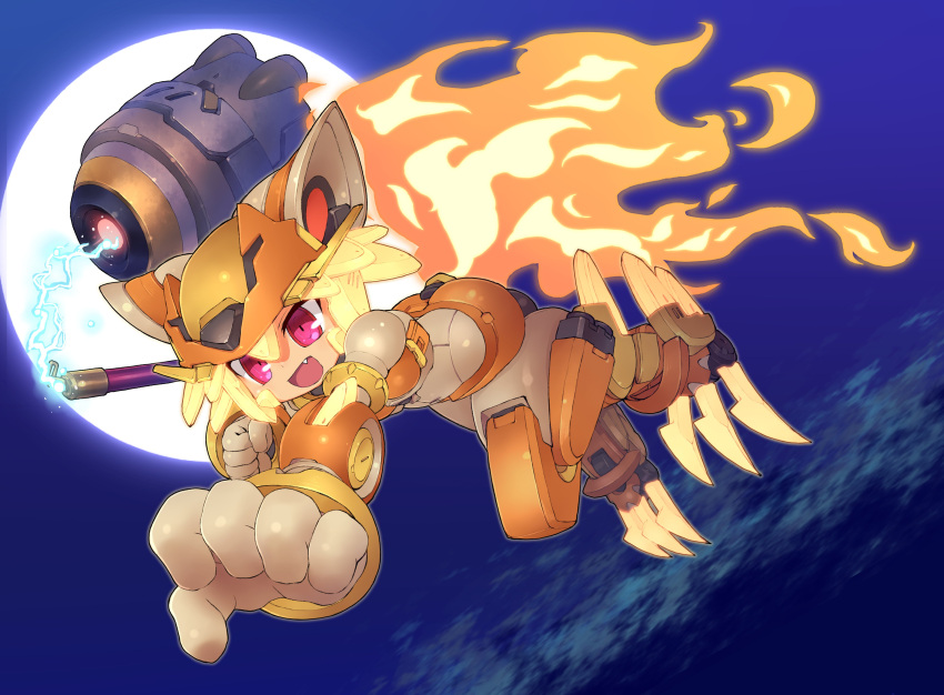 1girl :d absurdres bangs blonde_hair cloud commentary_request commission fang fiery_tail full_body full_moon glowing glowing_hair highres holding holding_staff mecha_musume mechanization moon moonlight_flower open_mouth ragnarok_online reaching_out red_eyes sankuma second-party_source short_hair skeb_commission smile solo staff tail