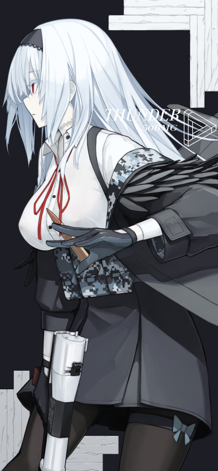 1girl absurdres bangs banned_artist belt black_gloves black_jacket black_legwear black_skirt breasts bullet buttons character_name collared_shirt cowboy_shot girls'_frontline gloves gun hairband handgun highres holding holding_gun holding_weapon jacket long_hair long_sleeves looking_afar medium_breasts mikoto_(oi_plus) neck_ribbon off_shoulder open_clothes open_jacket pantyhose parted_bangs parted_lips pistol red_eyes red_ribbon ribbon shirt skirt solo thigh_strap thunder_(girls'_frontline) utility_belt weapon white_hair