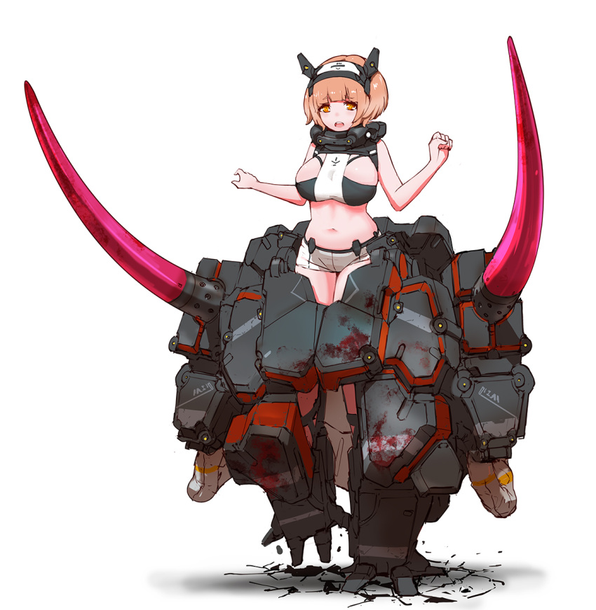 1girl black_bra bra breasts brown_eyes brown_hair clenched_hand eyebrows_visible_through_hair ground_shatter highres inawata large_breasts mecha_musume navel open_hand original plump short_hair shorts solo stomach underwear walking white_background white_shorts