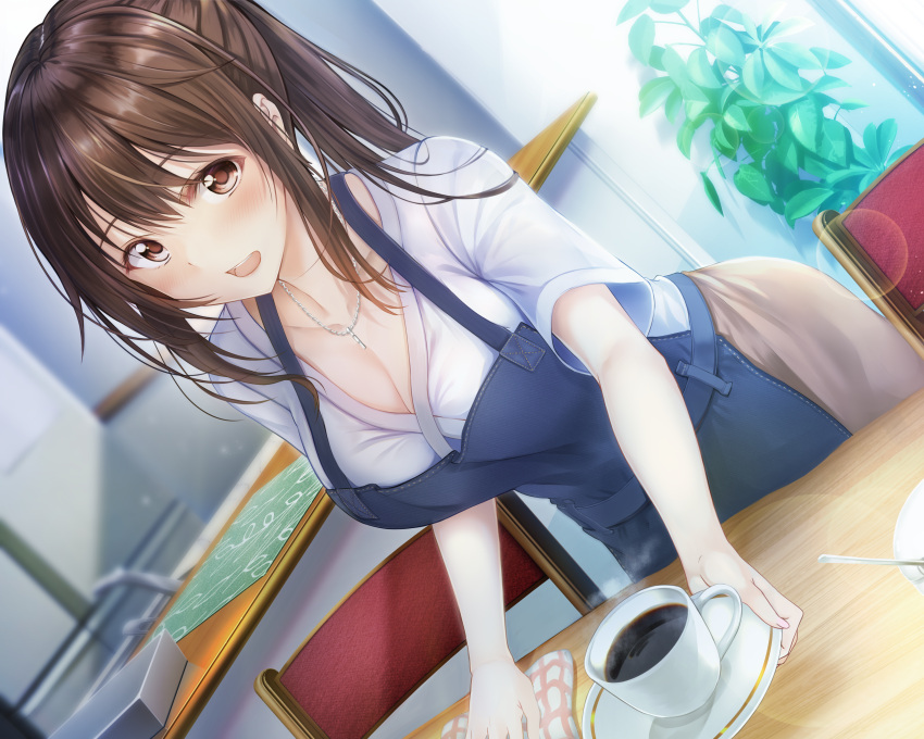 1girl :d absurdres apron bangs blue_apron breasts brown_eyes brown_hair brown_skirt chair cleavage coffee cup dutch_angle eyelashes hair_between_eyes hazuki_gyokuto highres indoors kitchen large_breasts long_hair looking_at_viewer non-web_source open_mouth original plant ponytail potted_plant saucer shirt sidelocks skirt smile solo table teeth upper_teeth white_shirt