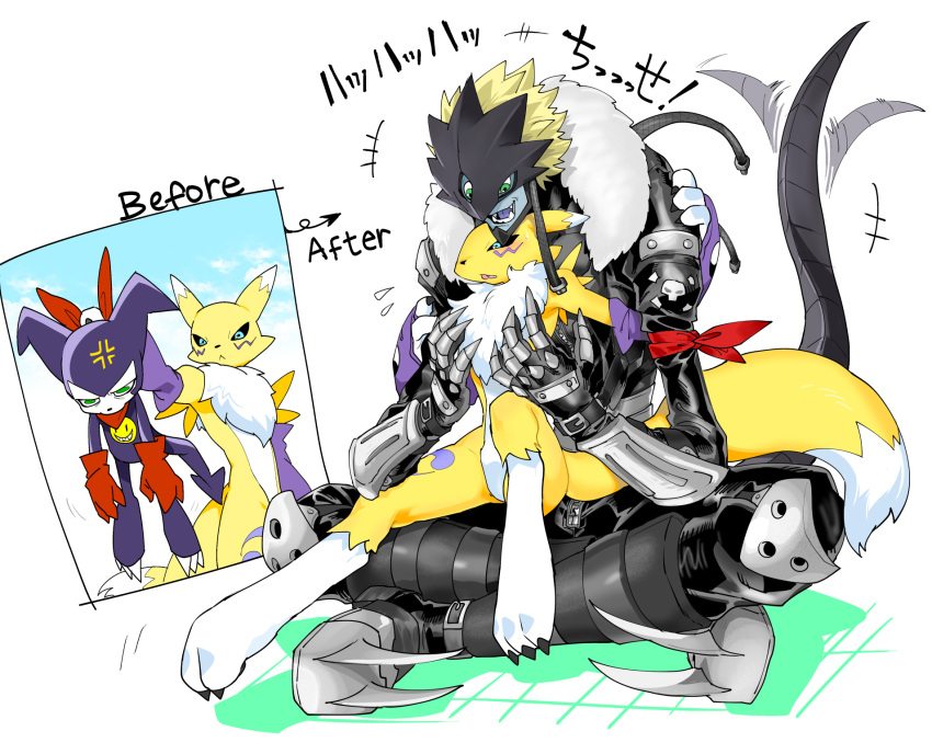 2021 annoyed anthro armwear bandai_namco beelzemon blue_eyes boots claws clothing digimon digimon_(species) english_text female footwear fur gloves green_eyes handwear hi_res humanoid impmon jacket male markings motion_blur open_mouth renamon scarf simple_background sitting teeth text topwear tuft white_body white_fur yellow_body yellow_fur yuriyuri_(ccc)