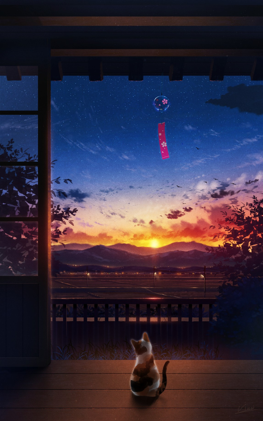 calico cat cloud commentary_request evening field highres lamppost mountain mountainous_horizon no_humans original power_lines railing rice_paddy road scenery sky sliding_doors star_(sky) starry_sky sun sunset tree utility_pole veranda vinci_v7 wind_chime wooden_floor