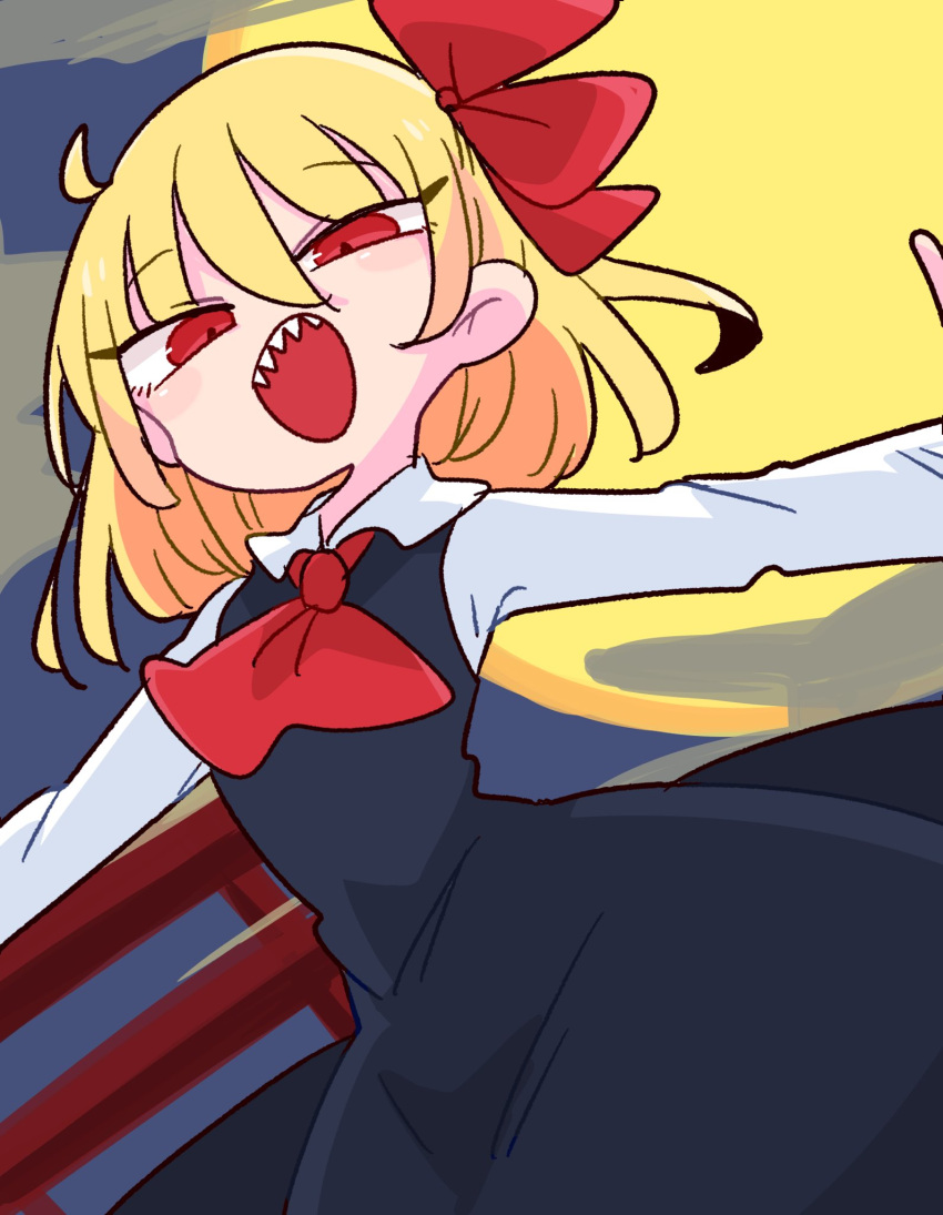 1girl black_dress blonde_hair collared_shirt dress fang full_moon half-closed_eyes highres long_sleeves medium_hair moon necktie op_na_yarou open_mouth outstretched_arms pinafore_dress red_eyes red_necktie rumia sharp_teeth shirt smile solo spread_arms teeth torii touhou white_shirt