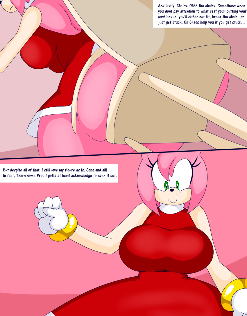 5_fingers amy_rose anthro big_breasts big_butt black_eyelashes black_nose black_pupils bracelet breasts butt butt_squish chair closed_frown closed_smile clothed clothing comic countershading denizen1414 dialogue dress english_text eulipotyphlan eyelashes female fingers first frown fur furniture glistening glistening_eyes gloves gold_(metal) gold_bracelet gold_jewelry green_eyes hair handwear head_tuft hedgehog hi_res huge_butt jewelry looking_down mammal mouth_closed multicolored_body pink_background pink_body pink_fur pink_hair pupils rear_view red_clothing red_dress sega short_hair side_boob simple_background small_waist smile solo sonic_the_hedgehog_(series) squish stuck tan_arms tan_body tan_countershading tan_skin text text_box thick_eyelashes thick_thighs tuft two_tone_body white_clothing white_gloves white_handwear wide_hips