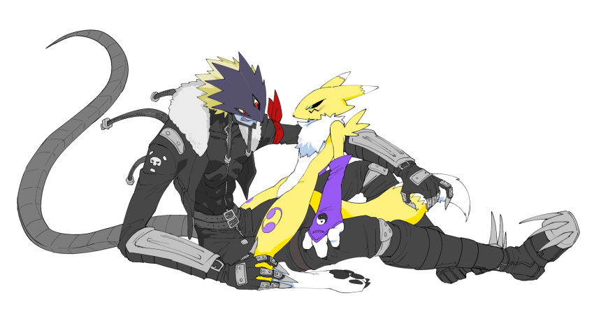 2022 abs anthro armwear bandai_namco beelzemon blue_eyes boots clothing digimon digimon_(species) eye_contact female footwear fur gloves handwear hi_res humanoid jacket looking_at_another male markings red_eyes renamon scarf simple_background sitting tongue tongue_out topwear tuft white_background white_body white_fur yellow_body yellow_fur yuriyuri_(ccc)