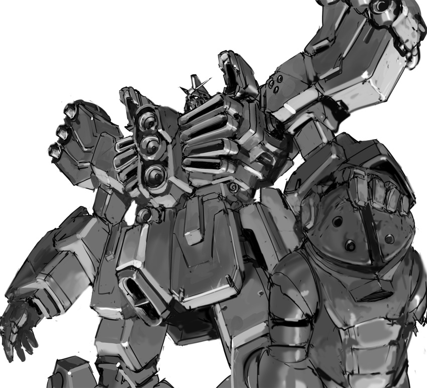 acguy greyscale gundam gundam_the_battle_master highres holding_head inawata looking_up mecha mobile_suit mobile_suit_gundam monochrome no_humans psycho_gundam_mk_iii science_fiction v-fin white_background