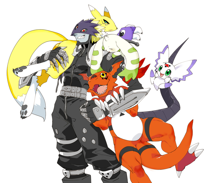 2021 anthro armwear bandai_namco beelzemon calumon carrying_partner claws clothing digimon digimon_(species) female fur group guilmon happy hi_res humanoid long_ears male open_mouth open_smile renamon scalie simple_background smile teeth terriermon white_background yuriyuri_(ccc)