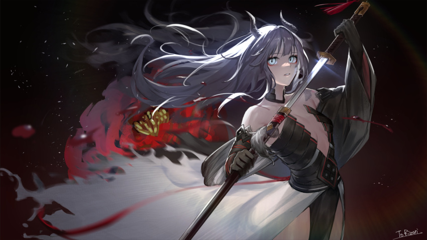 1girl bangs blue_eyes breasts character_name commission detached_sleeves grey_hair hand_up highres horns indie_virtual_youtuber long_hair looking_at_viewer parted_lips pelvic_curtain plunging_neckline rizari_(vtuber) sheath skeb_commission small_breasts solo sword unsheathing weapon yakushi9kv