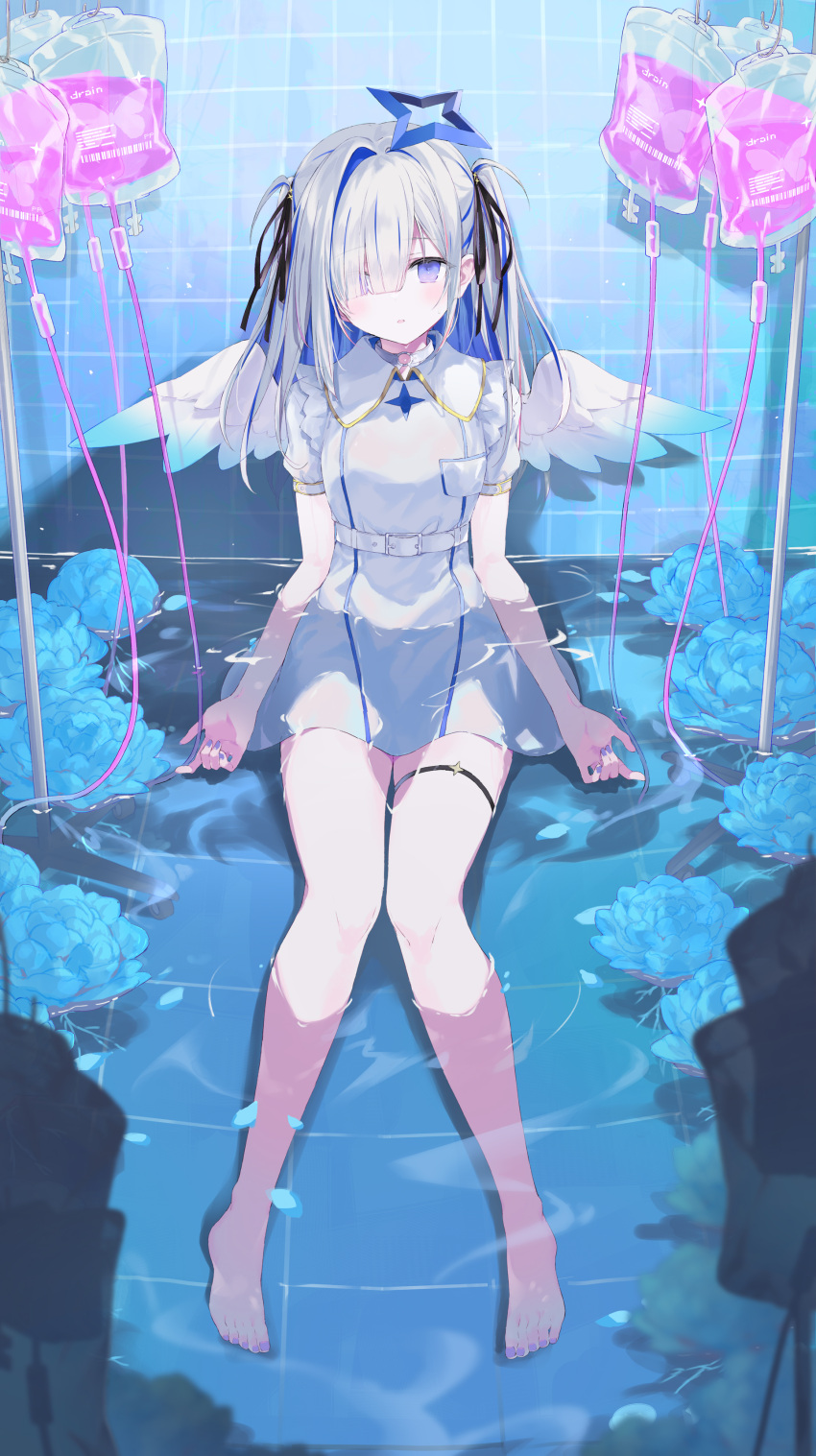 1girl absurdres amane_kanata angel_wings barefoot belt colored_inner_hair grey_hair hair_over_one_eye hair_ribbon highres hololive intravenous_drip long_hair multicolored_hair nail_polish nanananana nurse parted_lips partially_submerged purple_eyes ribbon solo thigh_strap two_side_up virtual_youtuber water wings