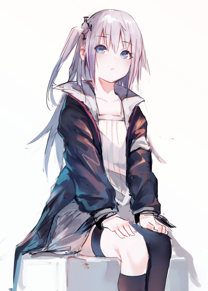 1girl absurdres black_legwear blue_eyes dress girls'_frontline hair_ornament highres irikawa jacket jacket_on_shoulders long_hair multicolored_hair one_side_up open_clothes open_mouth pink_hair side_ponytail simple_background single_thighhigh sitting solo st_ar-15_(girls'_frontline) streaked_hair thighhighs white_dress