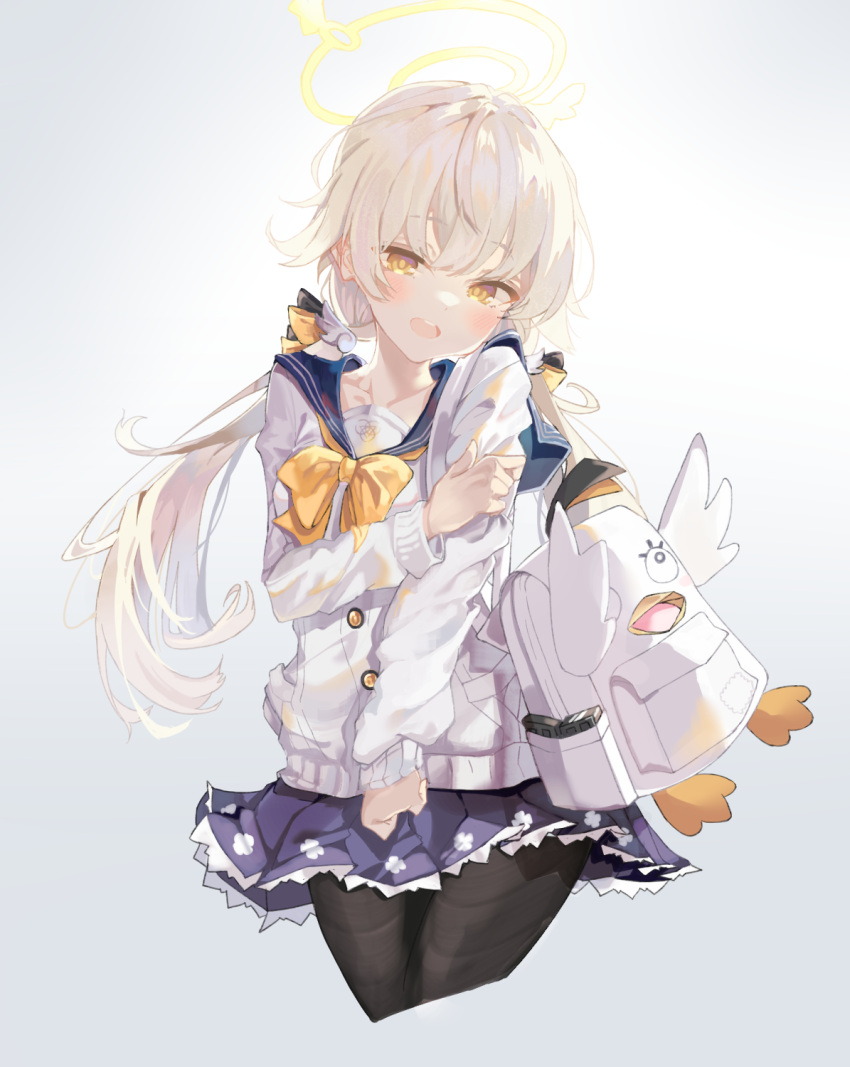 1girl bag black_legwear blonde_hair blue_archive blue_sailor_collar blue_skirt blush buttons cardigan emblem eyebrows_visible_through_hair hair_ribbon halo hifumi_(blue_archive) highres holding holding_own_arm huuuuu_(ddakji79) long_hair long_sleeves looking_at_viewer low_twintails magazine_(weapon) open_mouth peroro_(blue_archive) ribbon sailor_collar school_uniform serafuku simple_background skirt skit sleeves_past_wrists smile solo stuffed_animal stuffed_toy thighhighs twintails white_background white_bag white_cardigan yellow_eyes yellow_ribbon