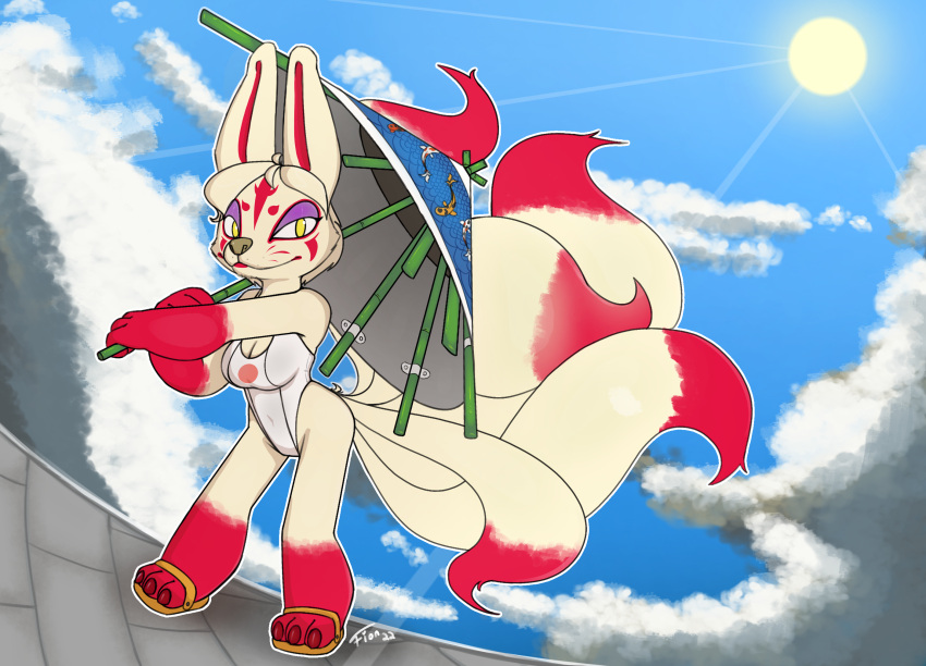 anthro canid canine clothed clothing digital_media_(artwork) female fionthebunny footwear fox hair hi_res japan_flag looking_at_viewer mammal parasol sandals smile summer swimwear