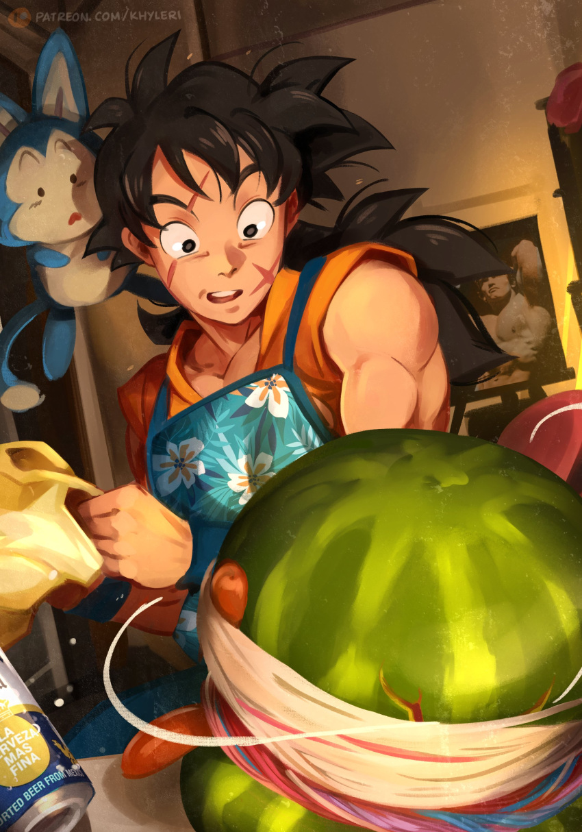 1boy absurdres alcohol apron arnold_schwarzenegger beer black_eyes black_hair can corona_(brand) dragon_ball dragon_ball_z english_commentary english_text floral_print food fruit highres indoors khyle. looking_at_food male_focus open_mouth puar rubber_band scar scar_across_eye scar_on_face spanish_text watermelon web_address yamcha