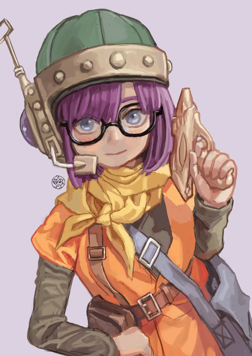 1girl bag belt blue_eyes blush chrono_trigger closed_mouth earpiece glasses gun helmet highres looking_at_viewer lucca_ashtear purple_hair scarf shiren_(ourboy83) short_hair smile solo weapon