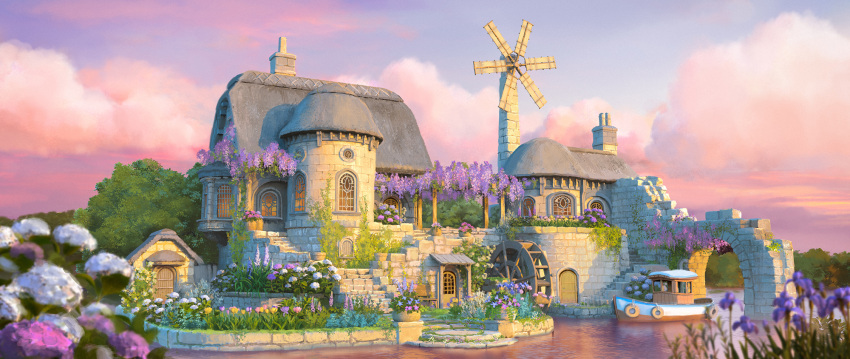 arch awning blurry blurry_foreground boat building chimney cloud door fantasy flower highres no_humans original outdoors river scenery tenca_arts tree twilight water_wheel watercraft windmill window wisteria